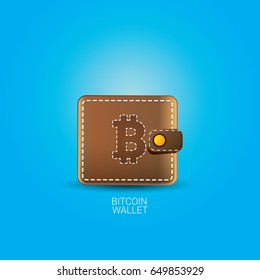 vector brown bitcoin wallet with coins isolated on blue background. 