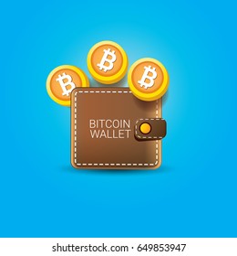 vector brown bitcoin wallet with coins isolated on blue background. 