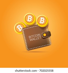 vector brown bitcoin wallet with coins isolated on orange background. bitcoin business concept