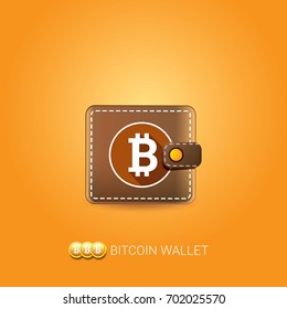 vector brown bitcoin wallet with coins isolated on orange background. bitcoin business concept