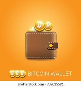 vector brown bitcoin wallet with coins isolated on orange background. bitcoin business concept