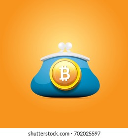 vector brown bitcoin wallet with coins isolated on orange background. bitcoin business concept