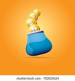 vector brown bitcoin wallet with coins isolated on orange background. bitcoin business concept