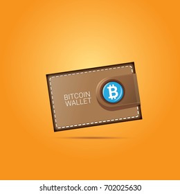 vector brown bitcoin wallet with coins isolated on orange background. bitcoin business concept