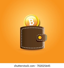 vector brown bitcoin wallet with coins isolated on orange background. bitcoin business concept