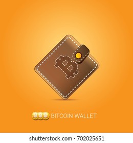 vector brown bitcoin wallet with coins isolated on orange background. bitcoin business concept