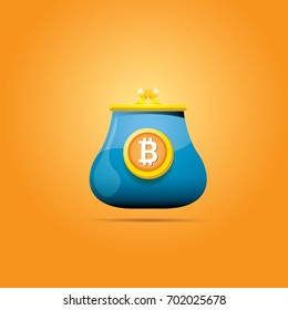 vector brown bitcoin wallet with coins isolated on orange background. bitcoin business concept
