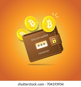 vector brown bitcoin wallet with coins isolated on orange background