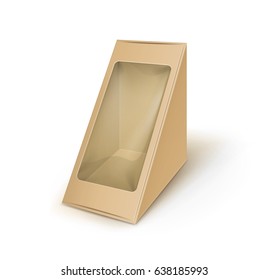 Vector Brown Blank Cardboard Triangle Take Away Box Packaging For Sandwich, Food, Gift, Other Products With Plastic Window Mock Up Close Up Isolated On White Background