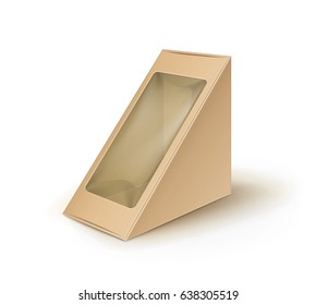 Vector Brown Blank Cardboard Triangle Take Away Box Packaging For Sandwich, Food, Gift, Other Products With Plastic Window Mock Up Close Up Isolated On White Background