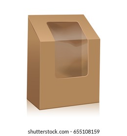 Vector Brown Blank Cardboard Triangle Box. Take Away Boxes Packaging Mock Up For Sandwich, Food, Present, Other Products With Plastic Window For Your Design