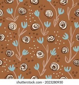 Vector brown blue dots ocher floral repeat pattern