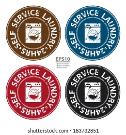Vector : Brown, Blue, Red and Black Grungy Circle Self Service Laundry 24HRS Icon, Sticker or Label For Laundry Business Isolated on White Background