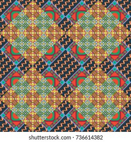 Vector brown, blue and red seamless background pattern with rhombuses.