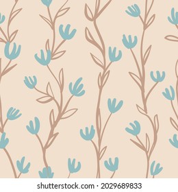Vector brown blue vines ecru floral repeat pattern