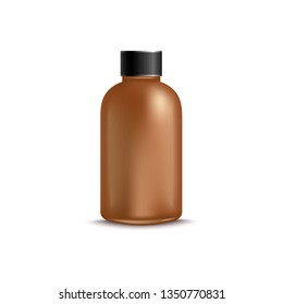 Vector brown bottle for pharmaceutical products, drugs. Blank cosmetics container with black cap realistic mockup on isolated background. Cosmetics jar for oil, essential vial or pills