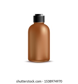 Vector brown bottle for pharmaceutical products, drugs. Blank cosmetics container with black cap realistic mockup on isolated background. Cosmetics jar for oil, essential vial or pills
