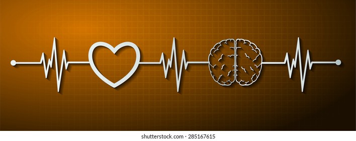 vector brown brain processes technology, creative idea concept. wave. ecg, ekg, electrocardiogram. pulse heart