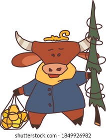 Vector brown bull in a coat and scarf holds a Christmas tree and tangerines