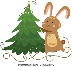 Vector brown bunny decorates  Christmas tree with big yellow garland. Symbol of the Chinese New Year 2023