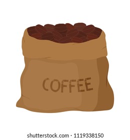 Vector brown canvas coffee bag, package for grains of aroma product. Made in cartoon flat style