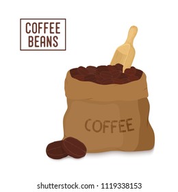 Vector brown canvas coffee bag with wooden scoop, package for grains of aroma product. Made in cartoon flat style