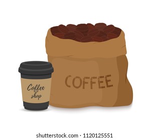 Vector brown canvas coffee bag with black cup, package for grains of aroma product and drink. Made in cartoon flat style