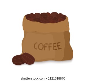 Vector brown canvas coffee bag, package for grains of aroma product. Made in cartoon flat style