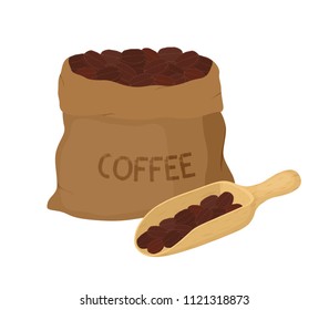 Vector brown canvas coffee bag with wooden scoop, package for grains of aroma product. Made in cartoon flat style