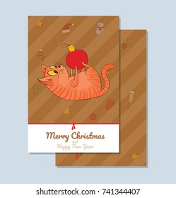 Vector brown card "Merry Christmas and Happy New Year" with cartoon image of a cute ginger cat lying on his back with a red Christmas ball in paws on a white background. Christmas, New Year, holiday.