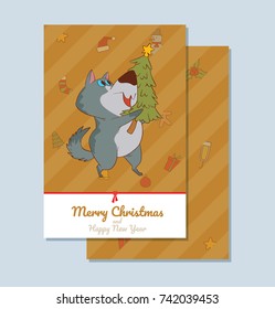 Vector brown card "Merry Christmas and Happy New Year" with cartoon image of a cute gray dog with green Christmas tree in paws standing and smiling on a white background. Christmas, New Year, holiday.