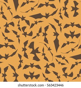 Vector Brown Cartoon Bat Seamless Pattern on Orange Background