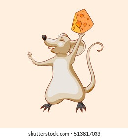 vector brown cartoon mouse holding cheese and have fun. Children's character laughs. Happy funny animal, cute character for stickers, games, educational cards, toys, clothes, notebooks, book, print.