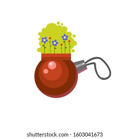 Vector brown christmas ball used as a pot with a green plant wih blue flowers. Cute child summer illustration in a cartoon style. Growing grass 