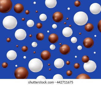 Vector brown coffee chocolate and white cream milk bubbles falling down.