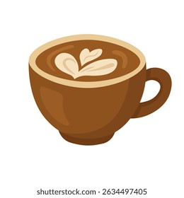 Vector brown coffee cup with creamy latte art, cozy flat cartoon clipart for cafe and breakfast use.