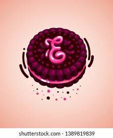 Vector brown cookie and pink letter e 
illustration initial  