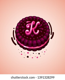 Vector brown cookie and pink letter K 
illustration initial  