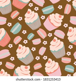 Vector brown coral pink cupcakes seamless pattern background. Perfect for fabric, scrapbooking, wrapping paper, packaging and wallpaper projects