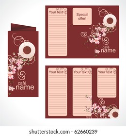 vector brown and cream coffee menu template for your promotion cups and blossoming flowers