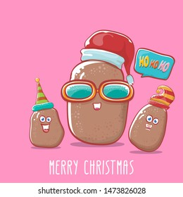 vector brown cute kawaii santa claus potato cartoon characters with red santa hat and elf hat and calligraphic merry christmas text isolated on pink background. funky christmas character