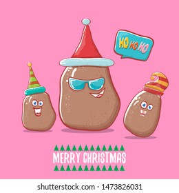 vector brown cute kawaii santa claus potato cartoon characters with red santa hat and elf hat and calligraphic merry christmas text isolated on pink background. funky christmas character