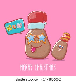 vector brown cute kawaii santa claus potato cartoon characters with red santa hat and elf hat and calligraphic merry christmas text isolated on pink background. funky christmas character