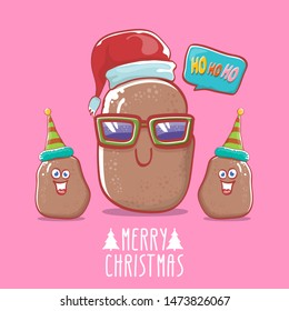 vector brown cute kawaii santa claus potato cartoon characters with red santa hat and elf hat and calligraphic merry christmas text isolated on pink background. funky christmas character