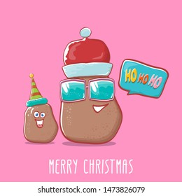 vector brown cute kawaii santa claus potato cartoon characters with red santa hat and elf hat and calligraphic merry christmas text isolated on pink background. funky christmas character