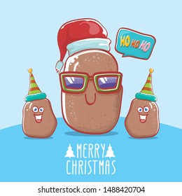 vector brown cute kawaii santa claus potato cartoon characters with red santa hat and elf hat and calligraphic merry christmas text isolated on background with blue snow. funky christmas character