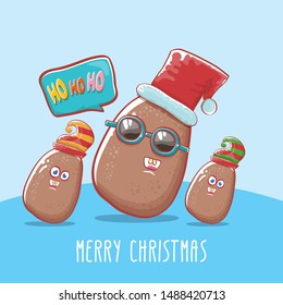 vector brown cute kawaii santa claus potato cartoon characters with red santa hat and elf hat and calligraphic merry christmas text isolated on background with blue snow. funky christmas character