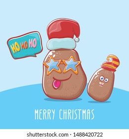 vector brown cute kawaii santa claus potato cartoon characters with red santa hat and elf hat and calligraphic merry christmas text isolated on background with blue snow. funky christmas character
