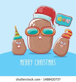 vector brown cute kawaii santa claus potato cartoon characters with red santa hat and elf hat and calligraphic merry christmas text isolated on background with blue snow. funky christmas character
