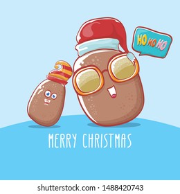 vector brown cute kawaii santa claus potato cartoon characters with red santa hat and elf hat and calligraphic merry christmas text isolated on background with blue snow. funky christmas character